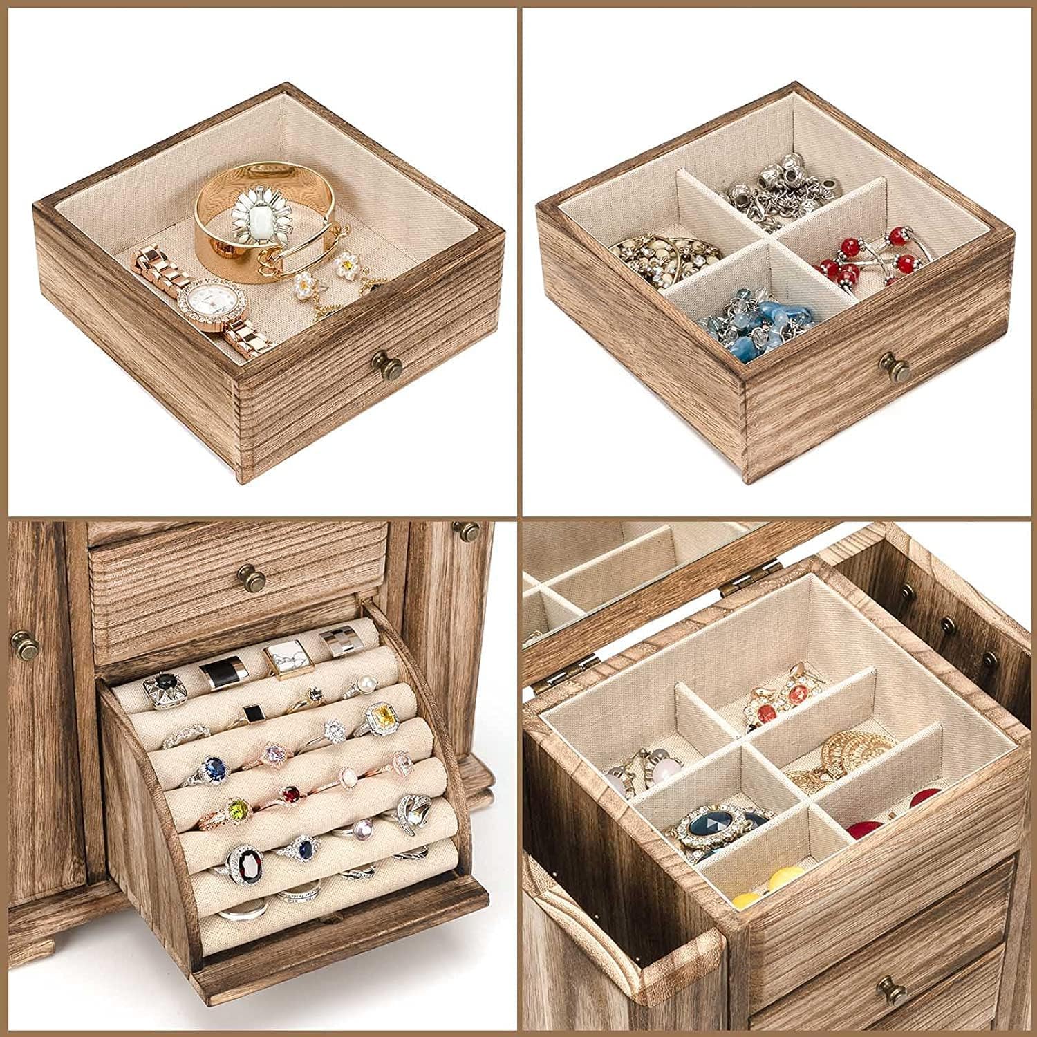 Schmuckkästchen für Damen, groß, rustikal, Schmuckkästchen, Holz, mit Spiegel, Aufbewahrungsbox für Schmuck, 4 Schichten, für Halsketten, Ohrringe, Ringe, Armbänder
