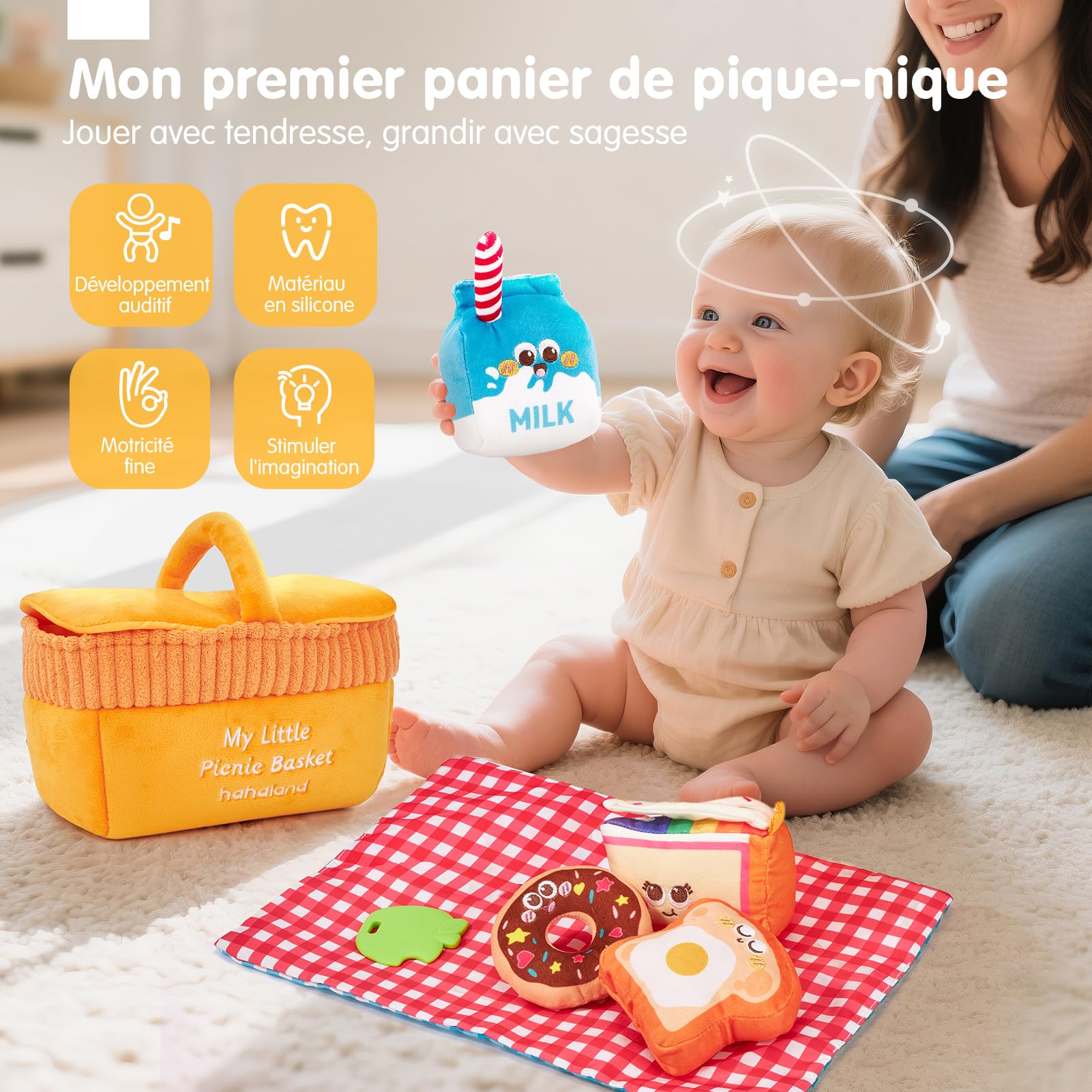 hahaland Jouets BéBé 6 à 12 Mois Peluche Sensorielle Pique-Nique – Jouet Eveil Bebe Voyage Doux Lavable avec Anneau Dentition sans BPA, Hochets, Miroir Montessori Cadeau Enfant 1+ an