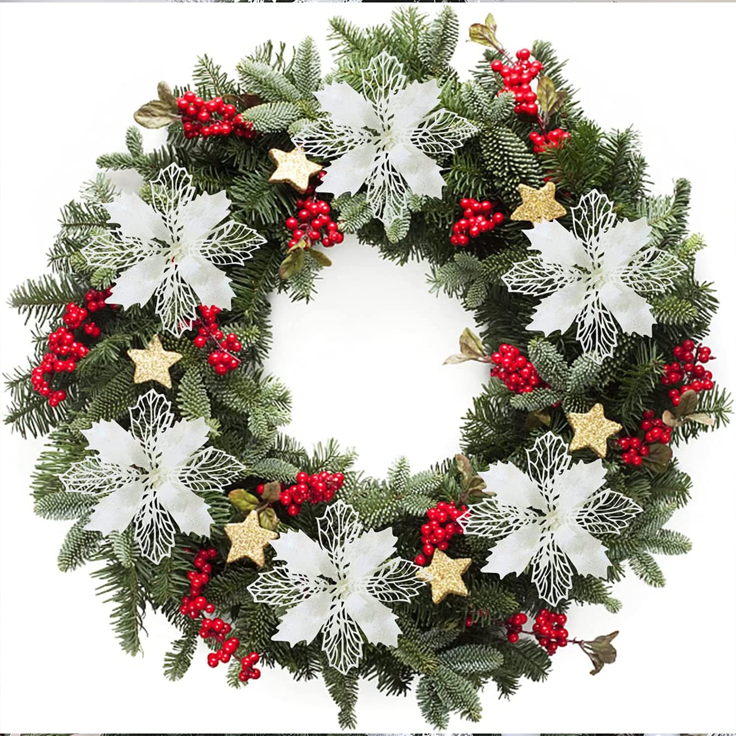 DWTECH 16 Pack Christmas Poinsettia Flowers with 16 Peduncles & 16 Clips,16cm/6.3’’ Artificial Flowers Glitter Poinsettia Christmas Wreath Christmas Tree Ornaments for Christmas Decorations (White) - Image 3