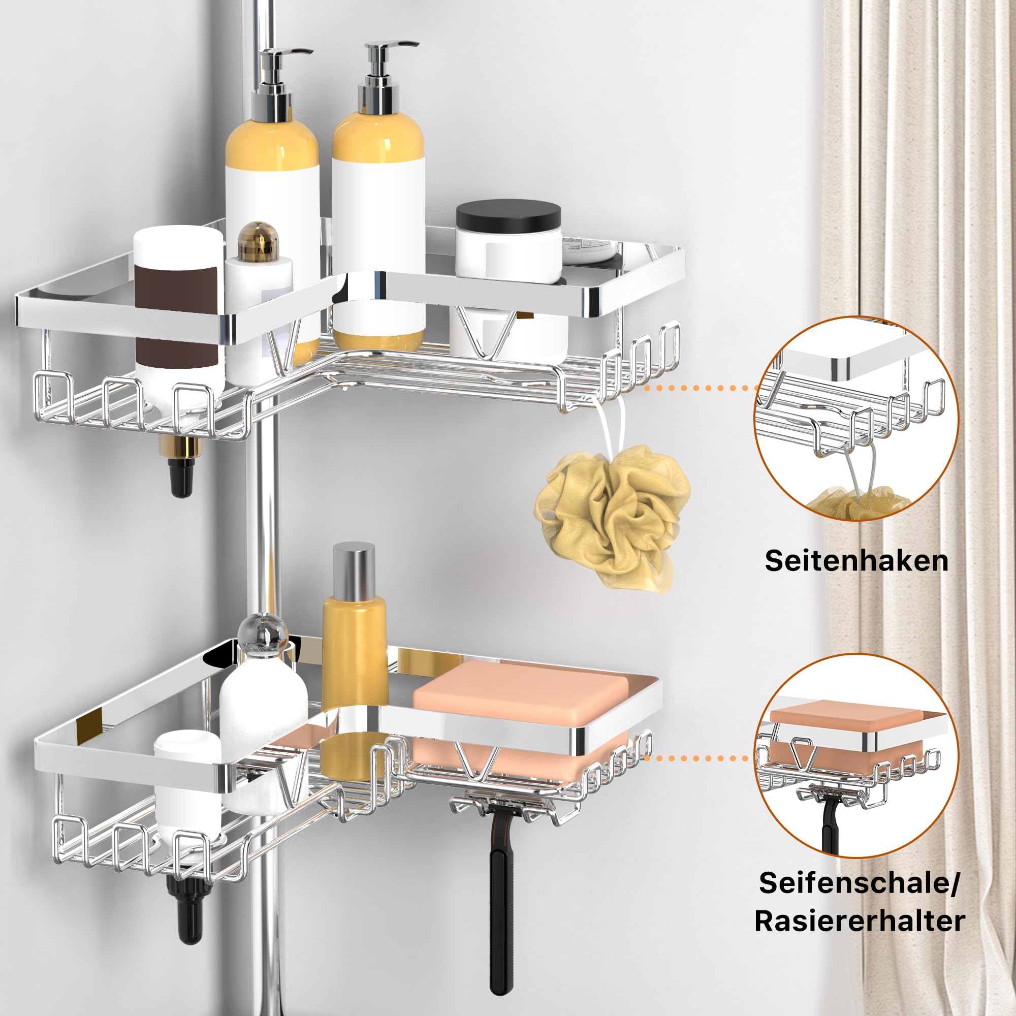 KEGII Teleskop Duschregal Chrome - Duschablage Ohne Bohren 4 Stück | Teleskopregal Eckregal, für Bad und Badewanne, Einfache Montage, Höhenverstellbar, Mit Haken/Seifenhalter/Rasiererhalter