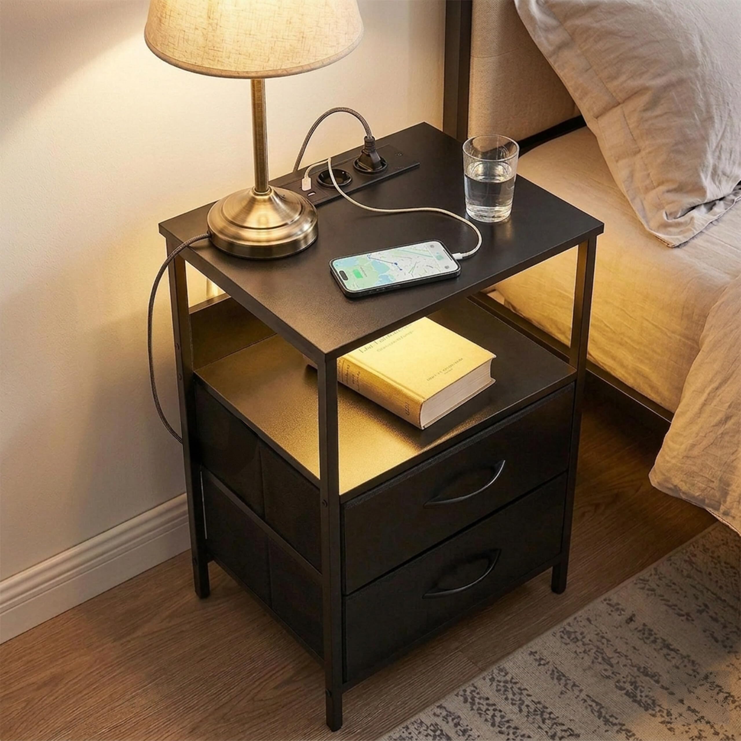 Relaxdays Stolik nocny z LED, gniazdami i USB, 2 szuflady, 60 x 40 x 30 cm, czarny