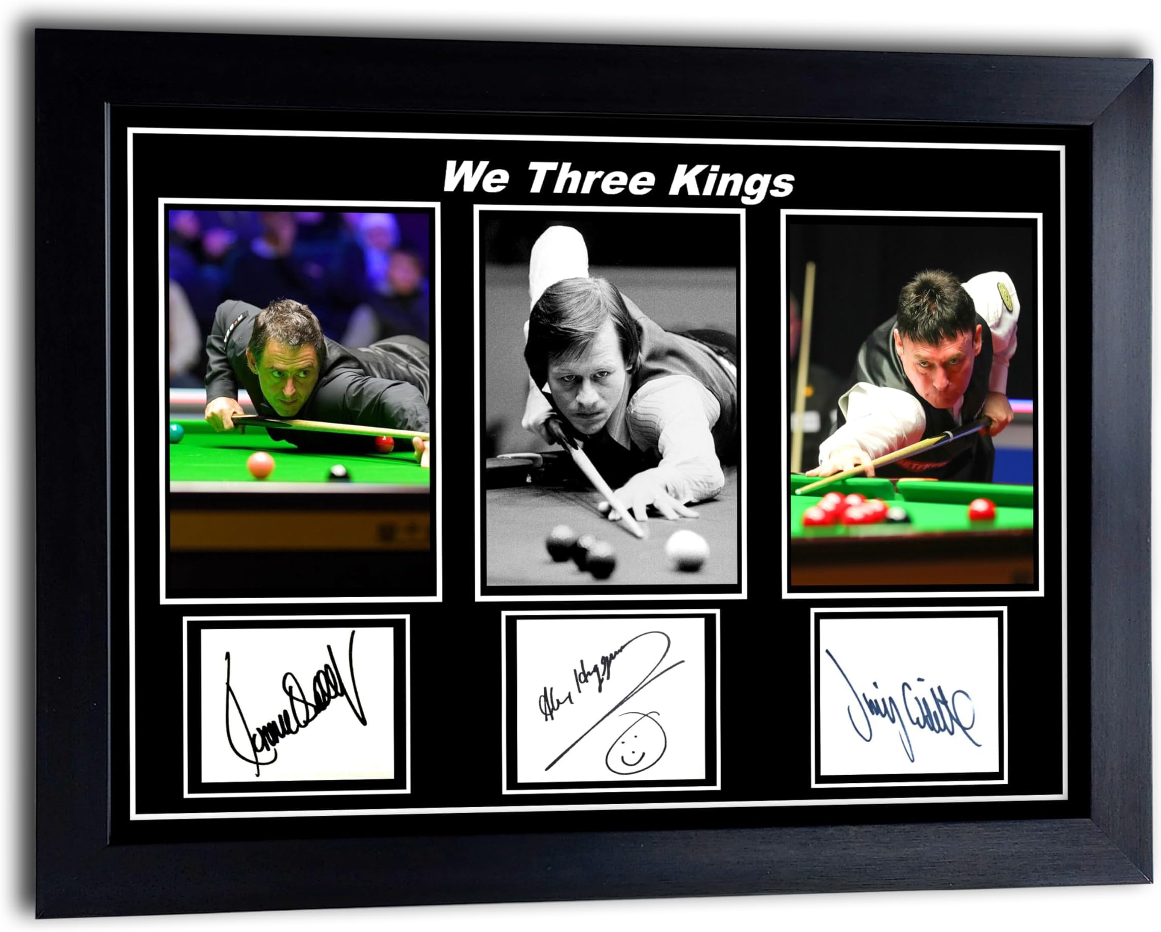 A4 FRAMED POSTER WE THREE KINGS SNOOKER. JIMMY WHITE. RONNIE O'SULLIVAN. ALEX HIGGINS. SIGNED A4 FRAMED PRINT (32CMx23CM)