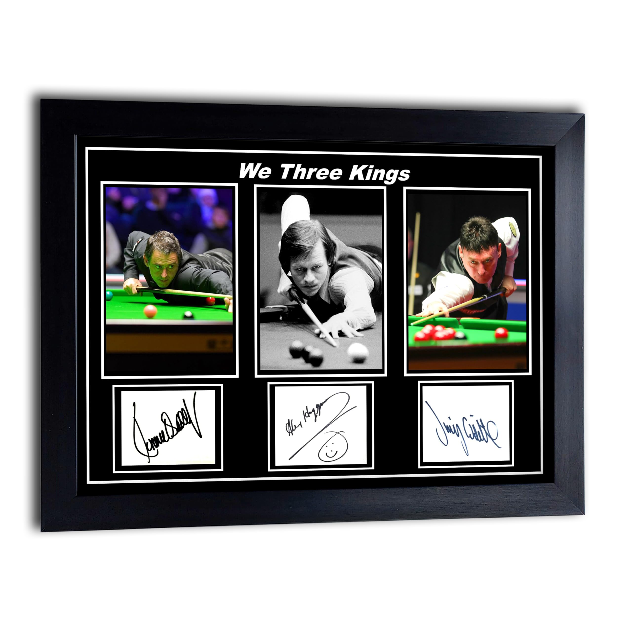 A4 FRAMED POSTER WE THREE KINGS SNOOKER. JIMMY WHITE. RONNIE O'SULLIVAN. ALEX HIGGINS. SIGNED A4 FRAMED PRINT (32CMx23CM)