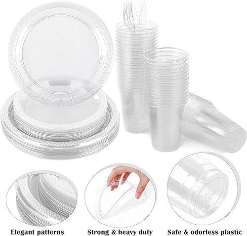 Miniatura 3 de ADXCO - Juego de vajilla desechable de 350 piezas transparentes para fiestas, incluye platos de plástico, tazas, cuchillos, tenedores, cucharas,