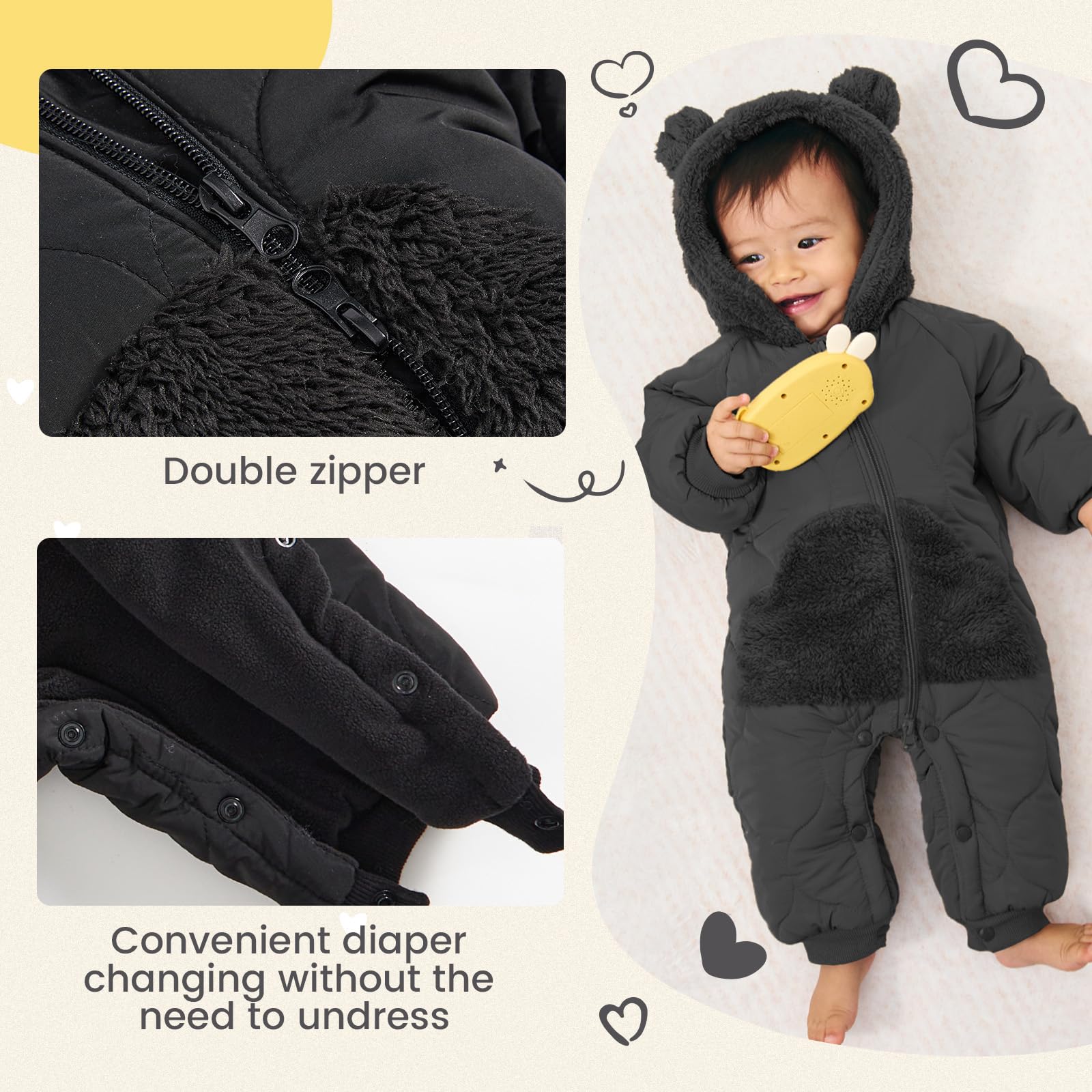 JiAmy Combinaison de neige d'hiver en polaire pour bébé – Grenouillère à capuche avec pieds – 3-24 mois