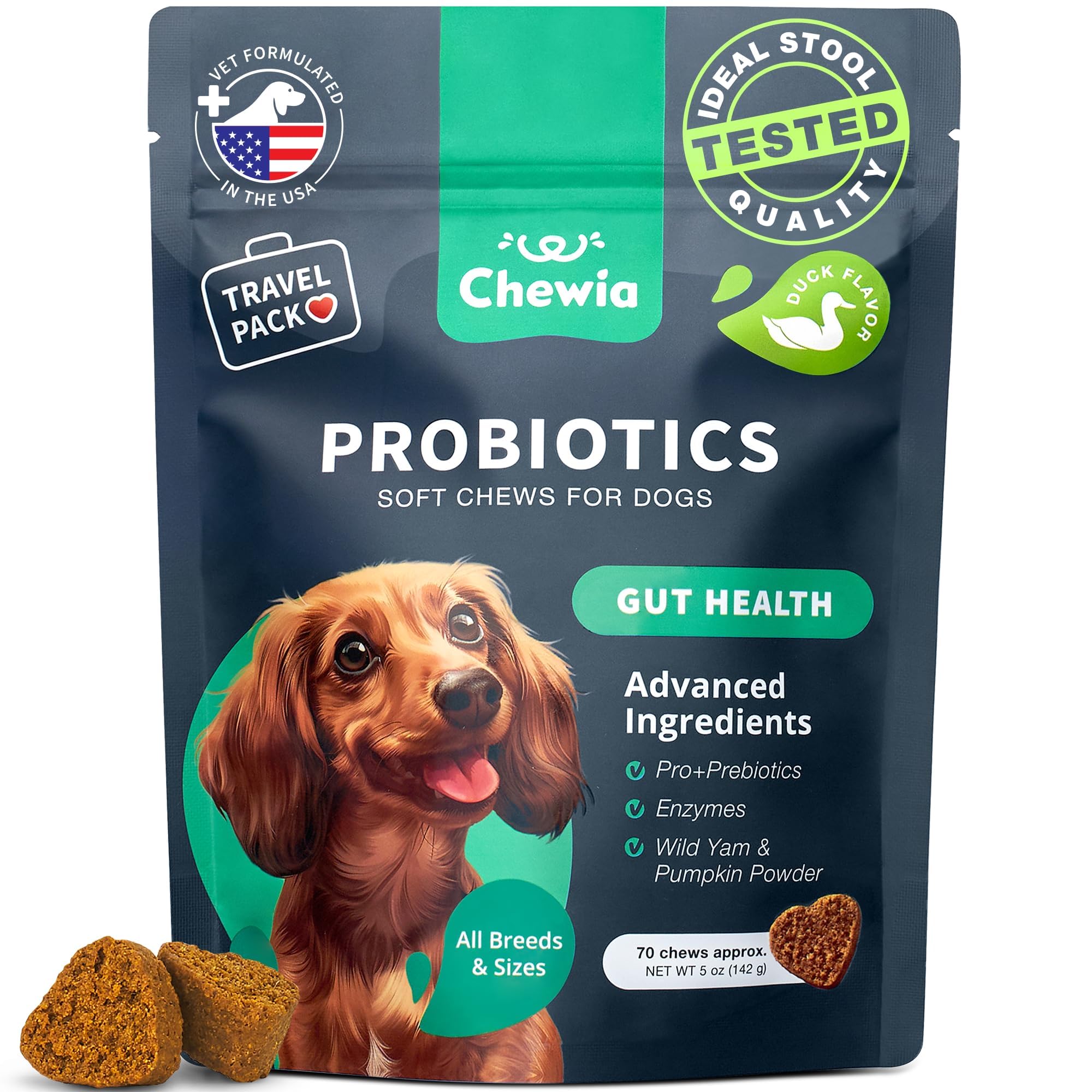 Probiotics for Dogs Gut Health, Digestion, Immunity, Yeast Balance, Itchy Skin, Allergies Support - Dog Probiotic Chews (Travel Pack) with Digestive Enzymes for Gut Flora - Pumpkin and Yeast Powder