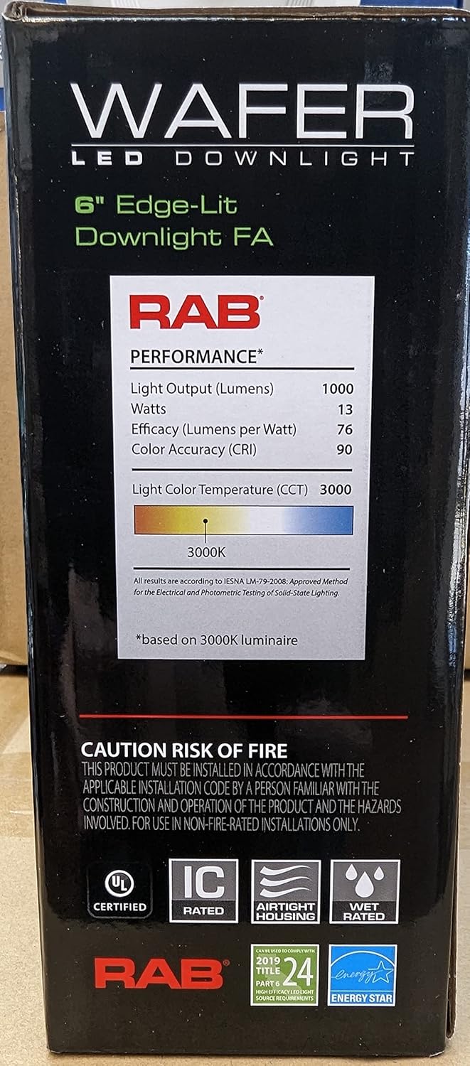 RAB Lighting WFRL-Field-Adjustable Edge-Lit LED Downlight-Canless Wafer Design-Black/White Trim-5CCT Selectable 2700K-5000K-90 CRI-Wet Rated/Dimmable for Modern Ceilings (WFRL6R139FA120WS, 1)