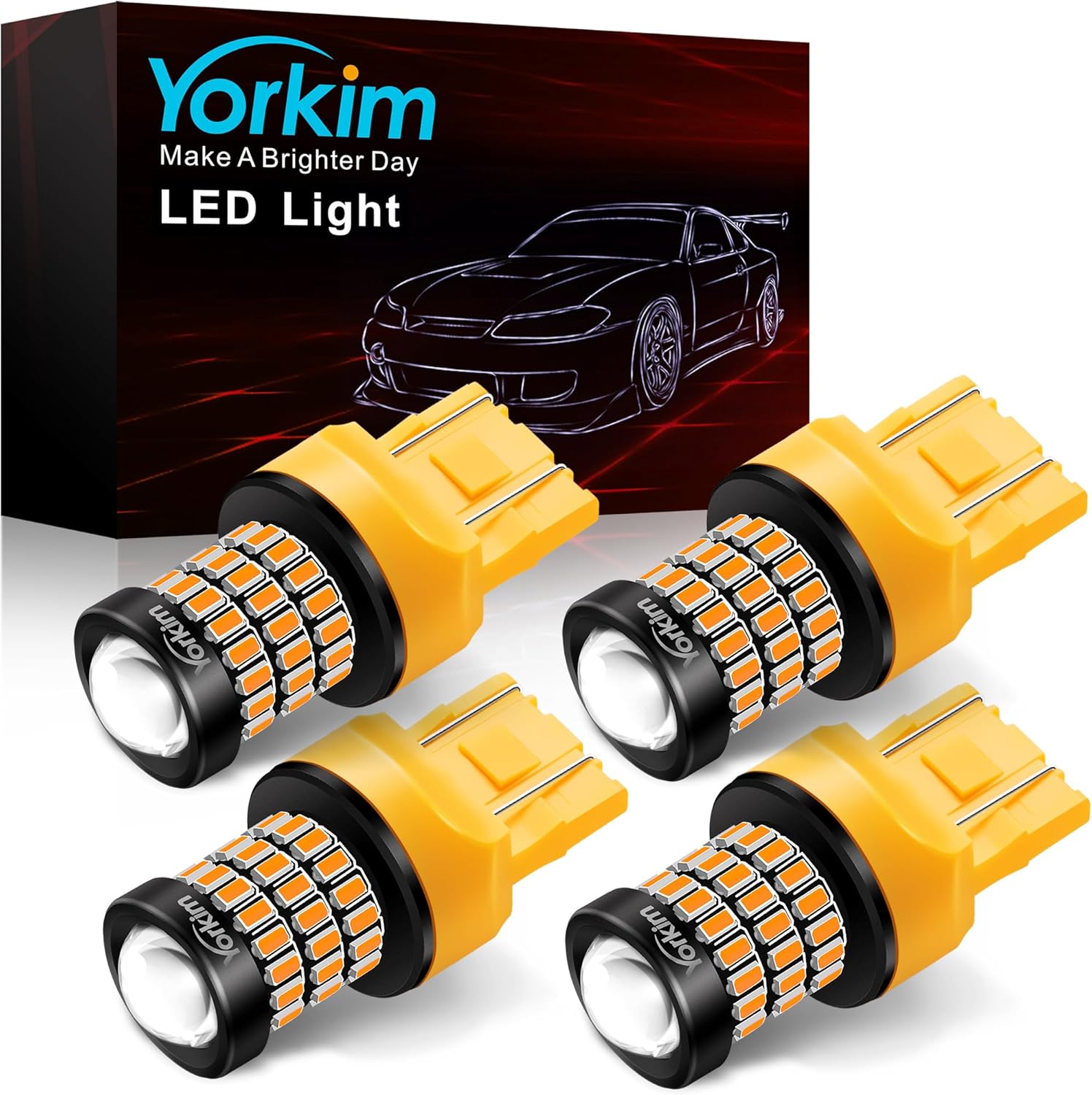 Yorkim 7440 LED Bulb Amber 7443 led turn signal lights bulb with Projector 7441 W21W T20 7440na led bulb Replacement Lamp for blinker light turn signal lights tail lights, pack of 4 Amber 7440-4 Pack