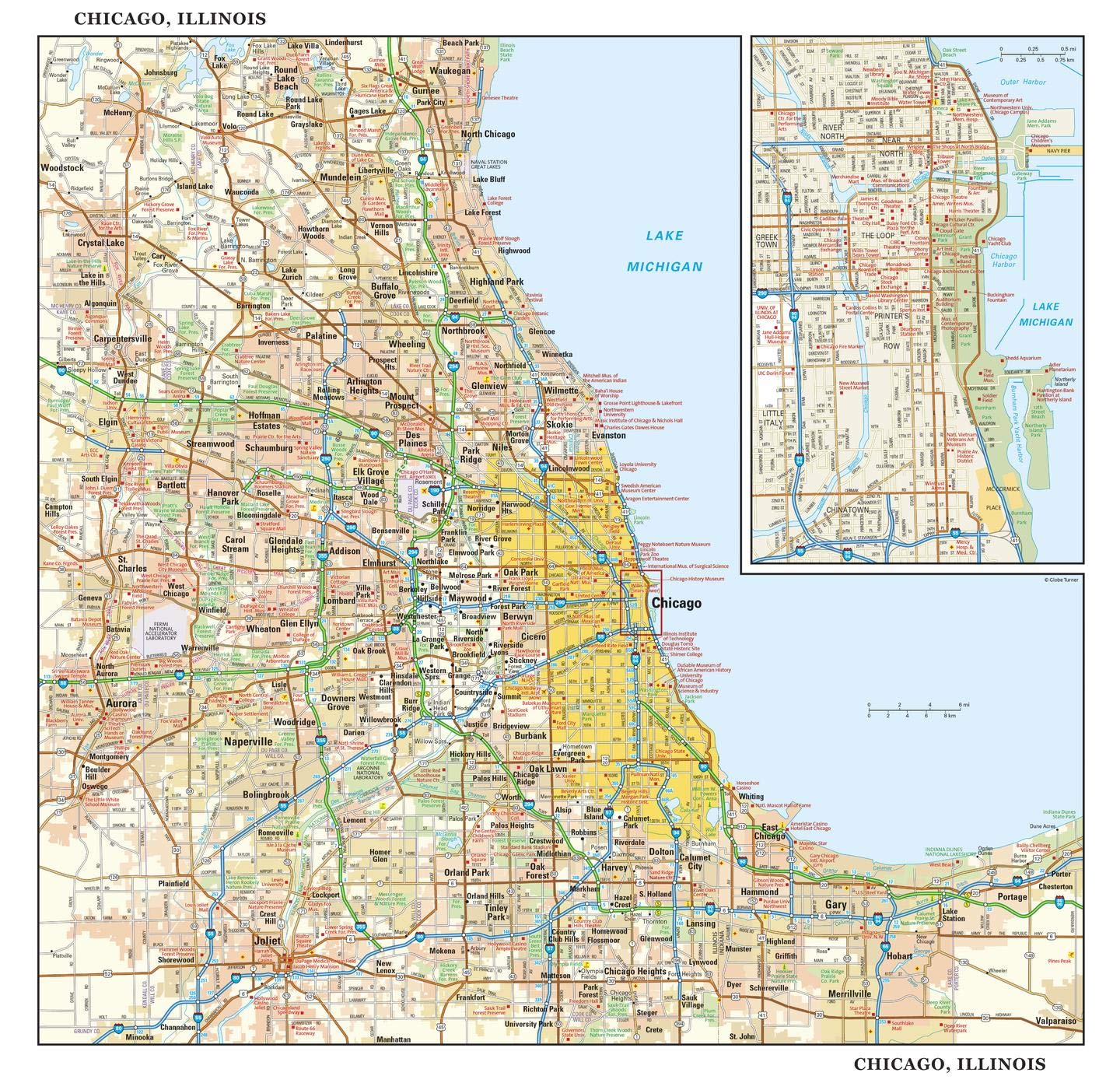 Chicago, Illinois Wall Map, Large - 30" x 29" Paper