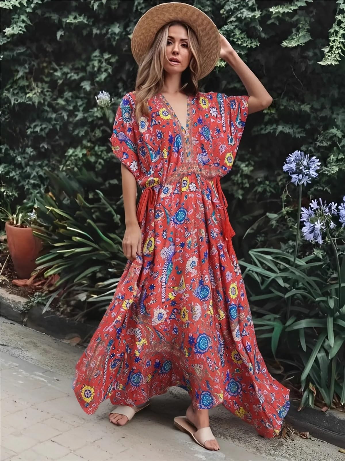 Vestido de Playa Mujer Pavo Real Estampado Floral Manga murciélago Vestidos Largos Bohemios Señoras Cuello en V Borla Verano
