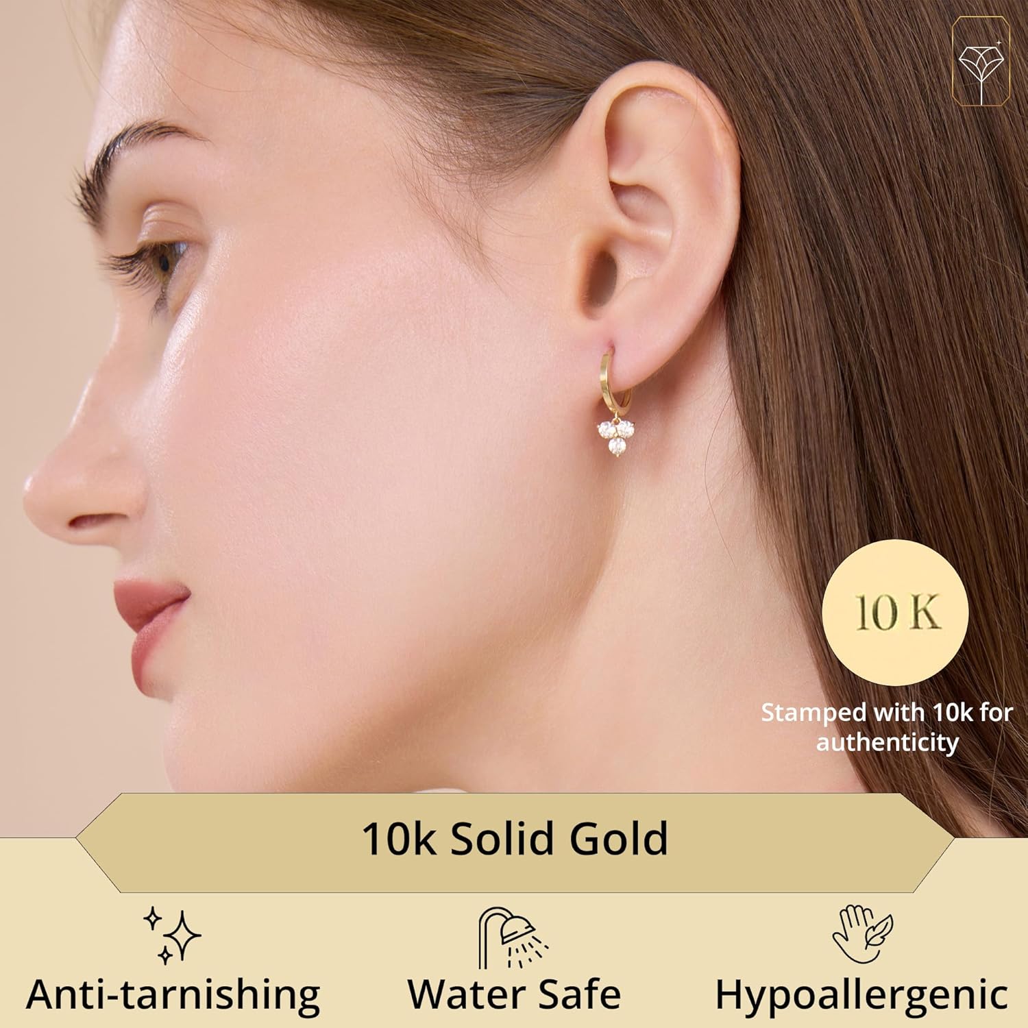 10K Yellow Gold Huggie Earrings with CZ Dangles | Cubic Zirconia Real Gold Huggie Hoop Earrings | Hypoallergenic Anti-Tarnishing Solid Gold Earrings 12mm by MAX + STONE - Image 2