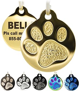 Engraved Cat Tags - Personalized with 4 Lines of Custom Engraved ID, Round Paw Print Solid Plating Stainless Steel in 5 Colors: Gold, Rose Gold, Blue, Black, Nebula