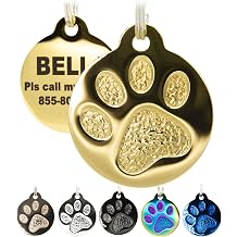 Engraved Pet Tag for Dogs and Cats - Personalized Front & Back up to 8 Lines of Text Custom Engraved ID, Round Paw Print Solid Plating Stainless Steel in 5 colors Gold, Rose Gold, Blue, Black, Nebula