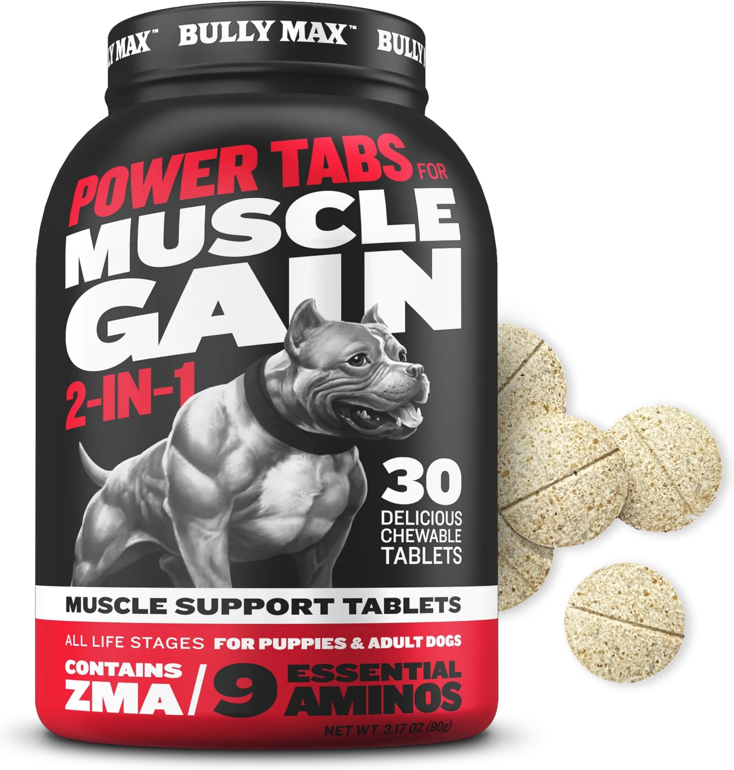 Bully Max 2-in-1 Muscle Builder Power Tabs for Puppies & Adult Dogs - Puppy & Dog Vitamins for Muscle Gain & Growth - Multivitamin Supplements for All Breeds & Ages - 30 Chewable Tablets