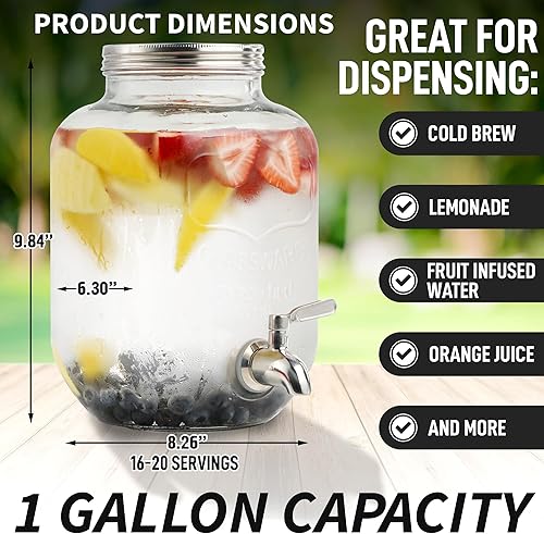 Miniatura 4 de Cafetera de infusiones en frío de 1 galón con jarra de vidrio extra gruesa y filtro de malla de acero inoxidable, cafetera premium, para café