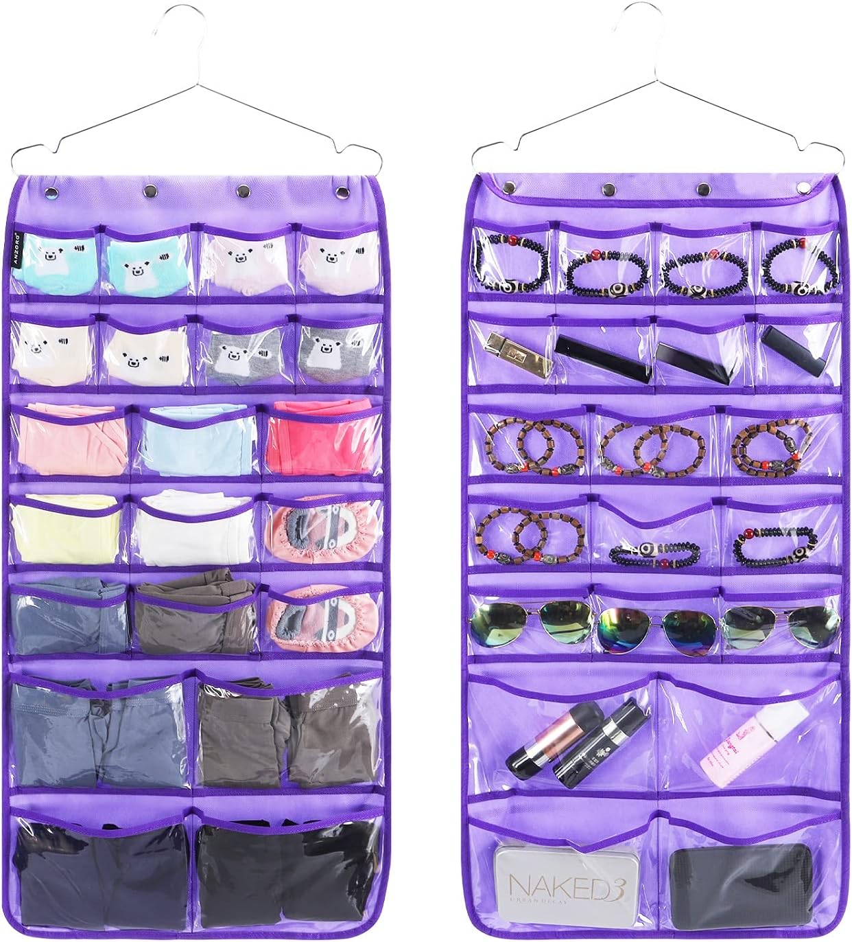 Dual Sided Hanging Organizer for Jewelry Makeup Storage Closet Organizers for Bows Socks Underwear with 42 Clear Pockets (GREY)