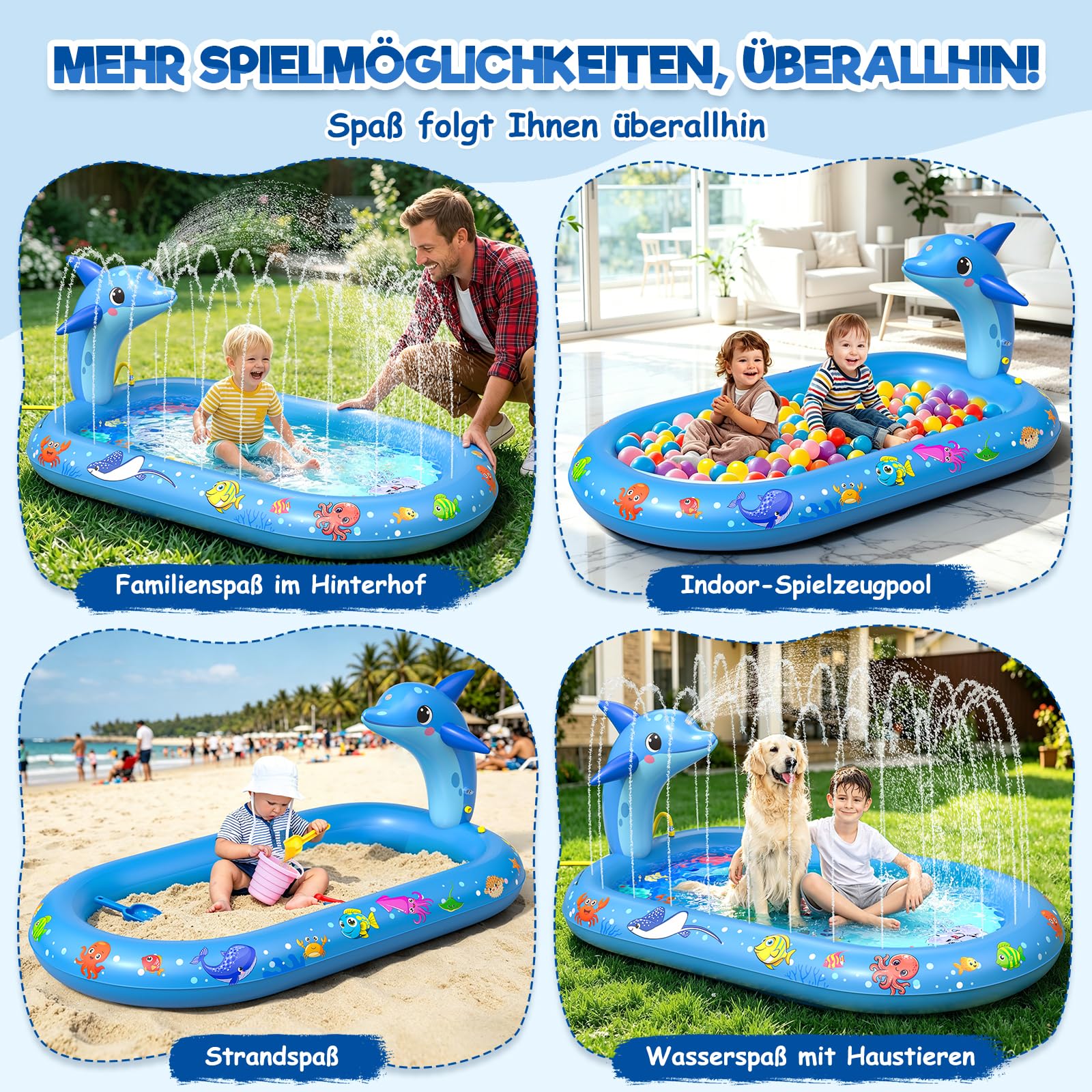 Planschbecken für Kinder, 3 in 1 Delfin Kinderpool, Planschbecken Baby, Watermatte für Kind, Verdicktes Material mit Wasserschlauch, Sommer Garten Wasserspielzeug für Jungen und Mädchen ab 1 Jahr