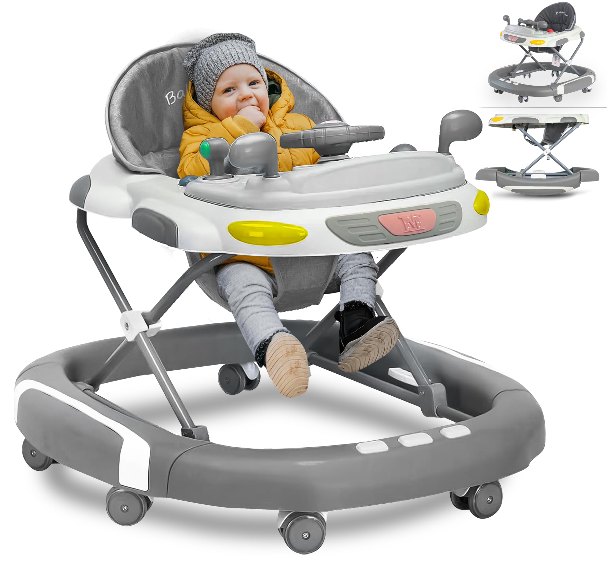 2 in 1 Foldable Baby Walker & Rocker - Multifunctional with 4 Adjustable Heights, Removable Feeding Tray, Music & Silent Wheels - Baby Walker for Boys & Girls 6 Months+ (Grey)