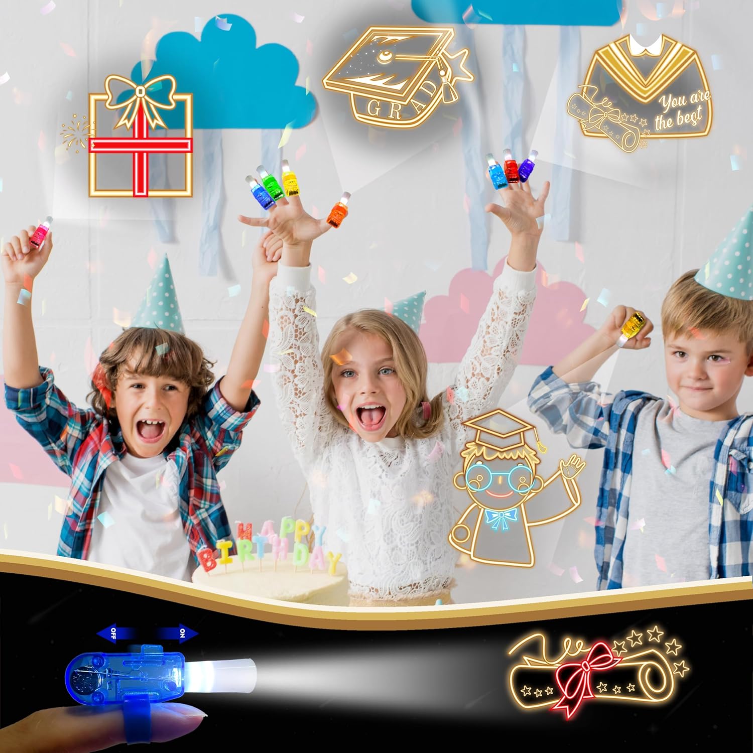 24PCS Preschool Graduation Party Favors-LED Finger Lights：Glow-in-the-Dark Light-Up Toys Bulk for Kids, Kindergarten Congrats Grad Theme Party Supplies, Party Goodie Bags,Classroom Prizes,Fun Gifts