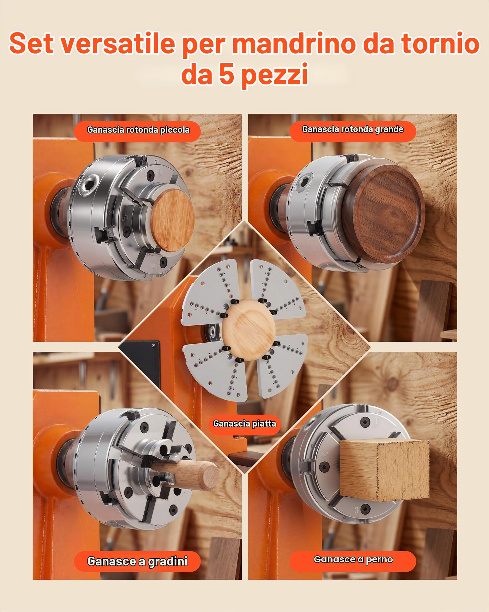 VEVOR Mandrino per Tornio per Legno, Mandrino Autocentrante a 4 Griffe da 102 mm per Tornitura del Legno con Adattatore da 1 pollice x 8 TPI, 5 Griffe, Valigetta per Trasporto, Set di Mandrini
