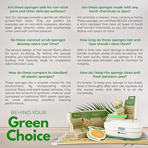 Miniatura 7 de Esponjas de cocina naturales, paquete de 18 – Depuradores biodegradables de celulosa y cáscara de coco – Sin olor y antiarañazos – Esponjas
