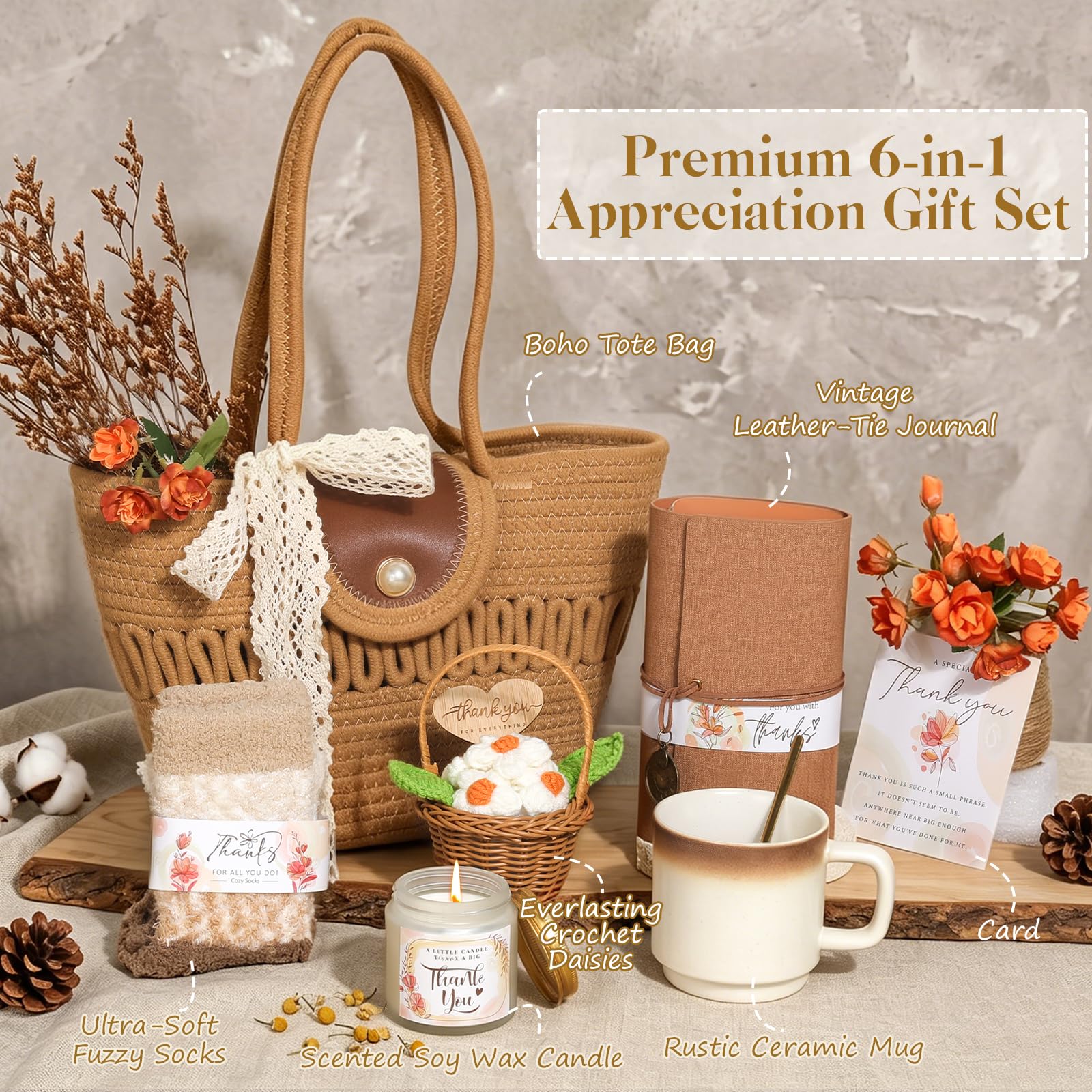 Regalos de agradecimiento para mujeres, regalo de agradecimiento para profesores, empleados, 6 cestas de regalo de agradecimiento vintage para compañeros de trabajo, enfermeras, amigos, jefes