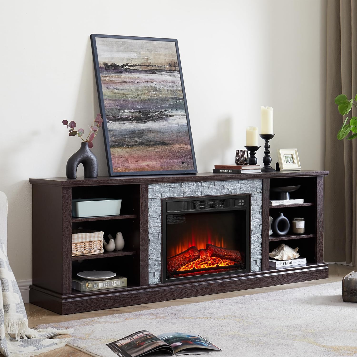 70 Inch Fireplace TV Stand for 75 Inch TV, Entertainment Center with 18" Electric Fireplace, Media Console for Living Room Bedroom, TV Stand with Fireplace for TVs up to 80 Inch, Cherry