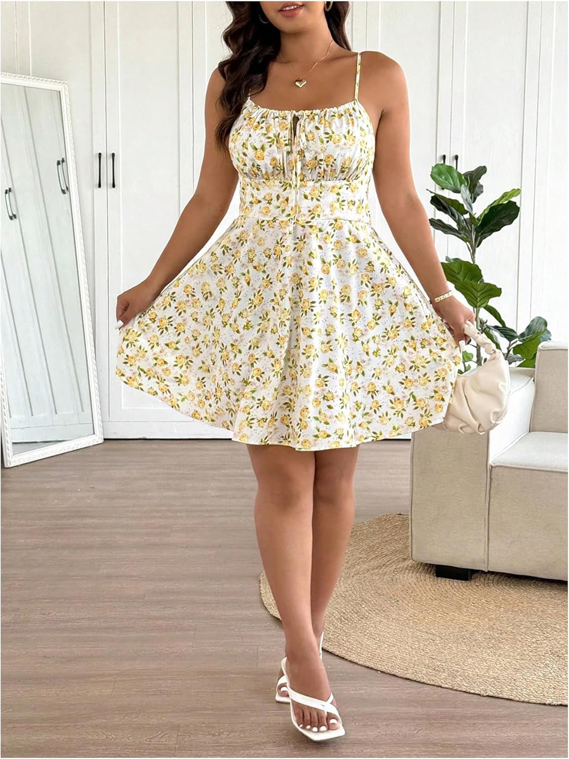 Floerns Women's Plus Size Sleeveless Ruched Bust Eyelet Embroidery Flared Cami Dresses