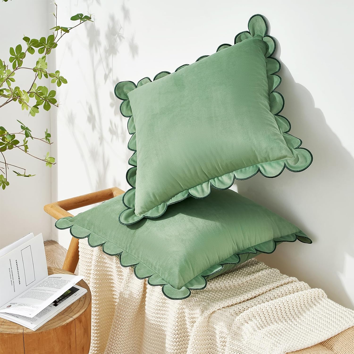 MONDAY MOOSE Decorative Throw Pillow Covers Cushion Cases, Set of 2 Soft Velvet Scalloped Round Edge Designs, Mix and Match for Home Decor, Pillow Inserts Not Included (20x20 inch, Light Green)