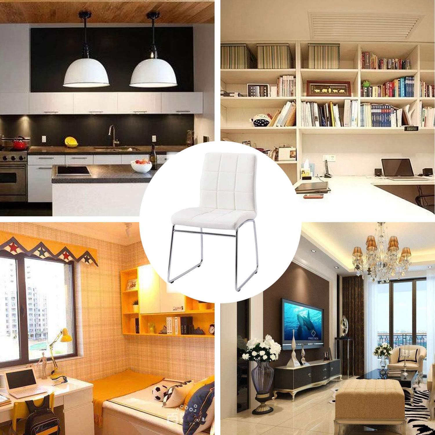 White Dining Chairs Set of 2 - Faux Leather Dining Chairs, Comfortable Modern Kitchen Chairs with Chrome Legs for Dining Room Chairs, Living Room, Bedroom, Waiting Room Chairs - Chairs