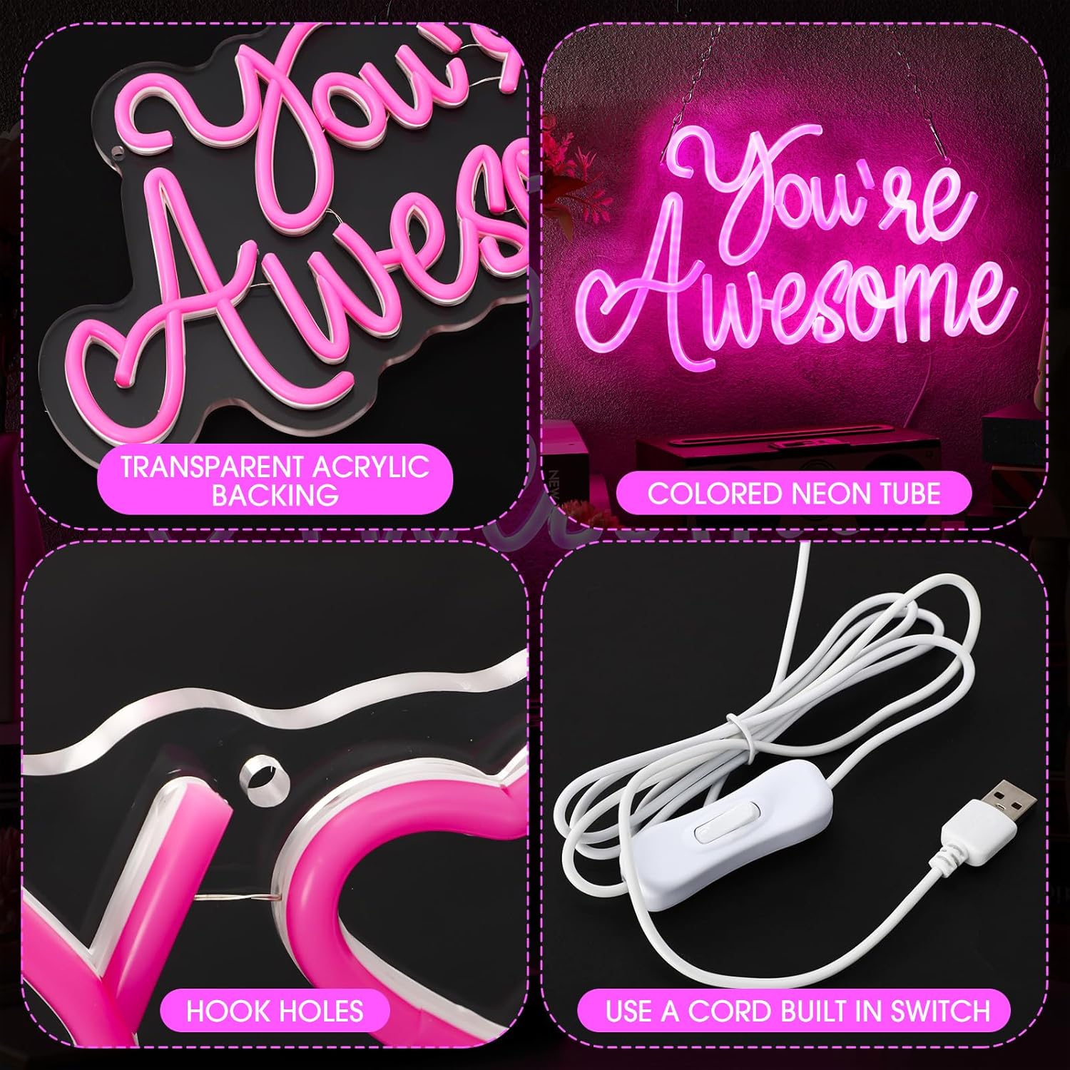 You Are Awesome Neon Signs Dimmable Inspirational LED Neon Lights for Wall Decor Pink USB Positive Quotes Light up Sign for Bedroom Wedding Birthday Classroom Home Office Bar Hanging Decor - Image 3