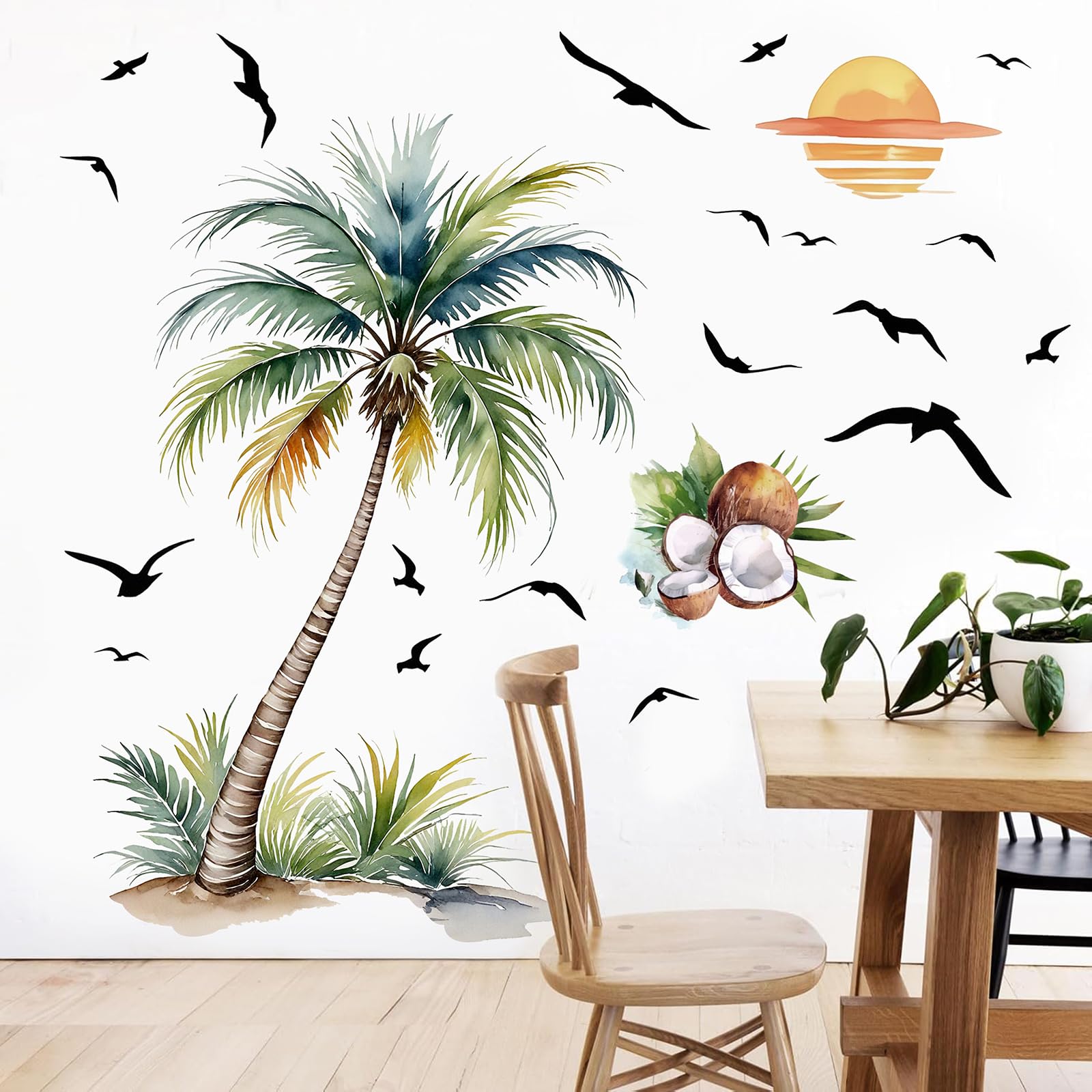 KAIRNE Palm Tree Wall Stickers Watercolor Coconut Tree Summer Decals Tropical Plant Birds Sunset Sticker Boho Art Decor for Baby Nursery Classroom Living Room Bedroom TV Background - Image 4