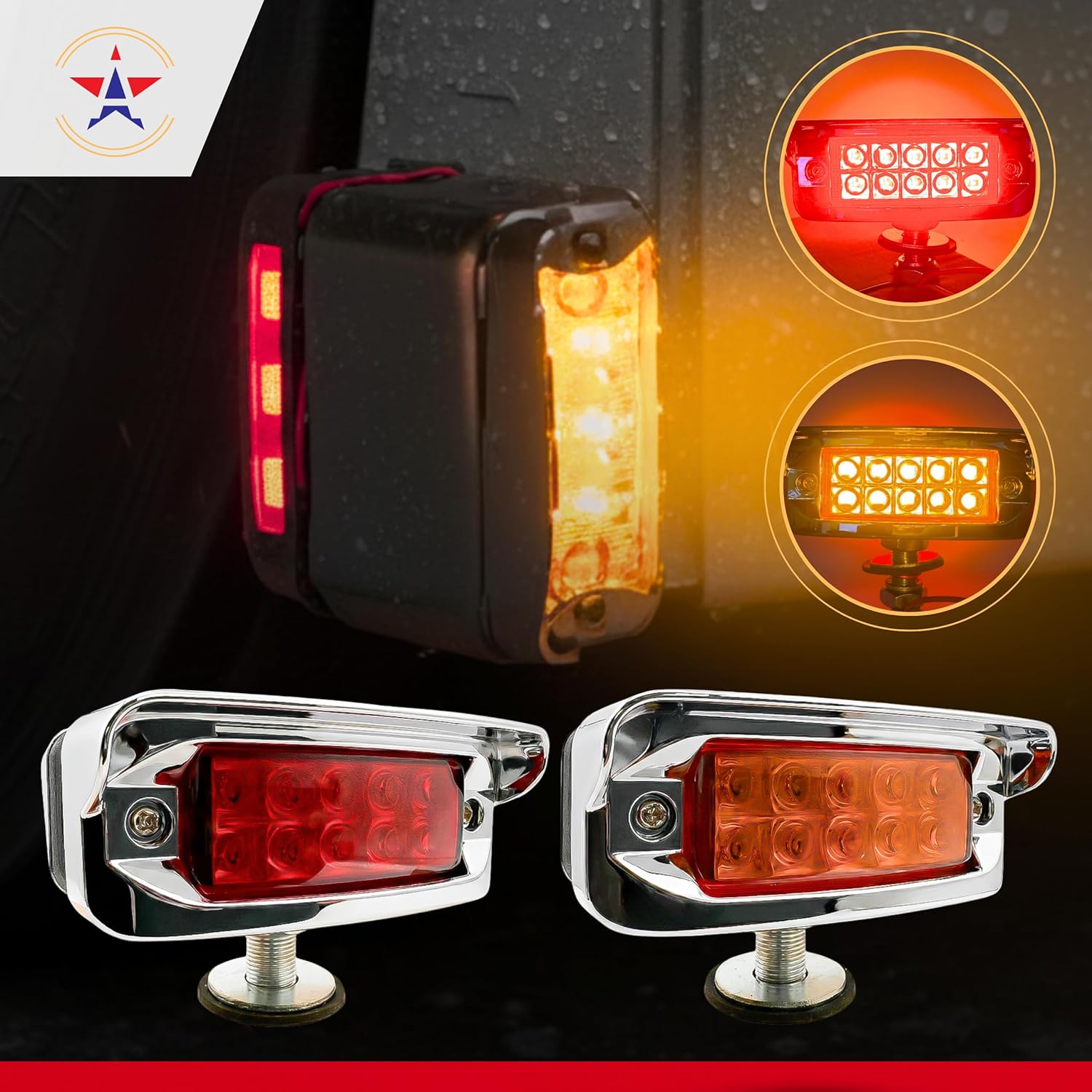 2x High Low Function Amber/Red 20 LED Marker Lights Turn Signal w/Horizontal Visor, Double Face Chrome Pedestal Lights T-Mount, Bumper Lights Replacement for Peterbilt/Kenworth/Freightliner Trucks 12V