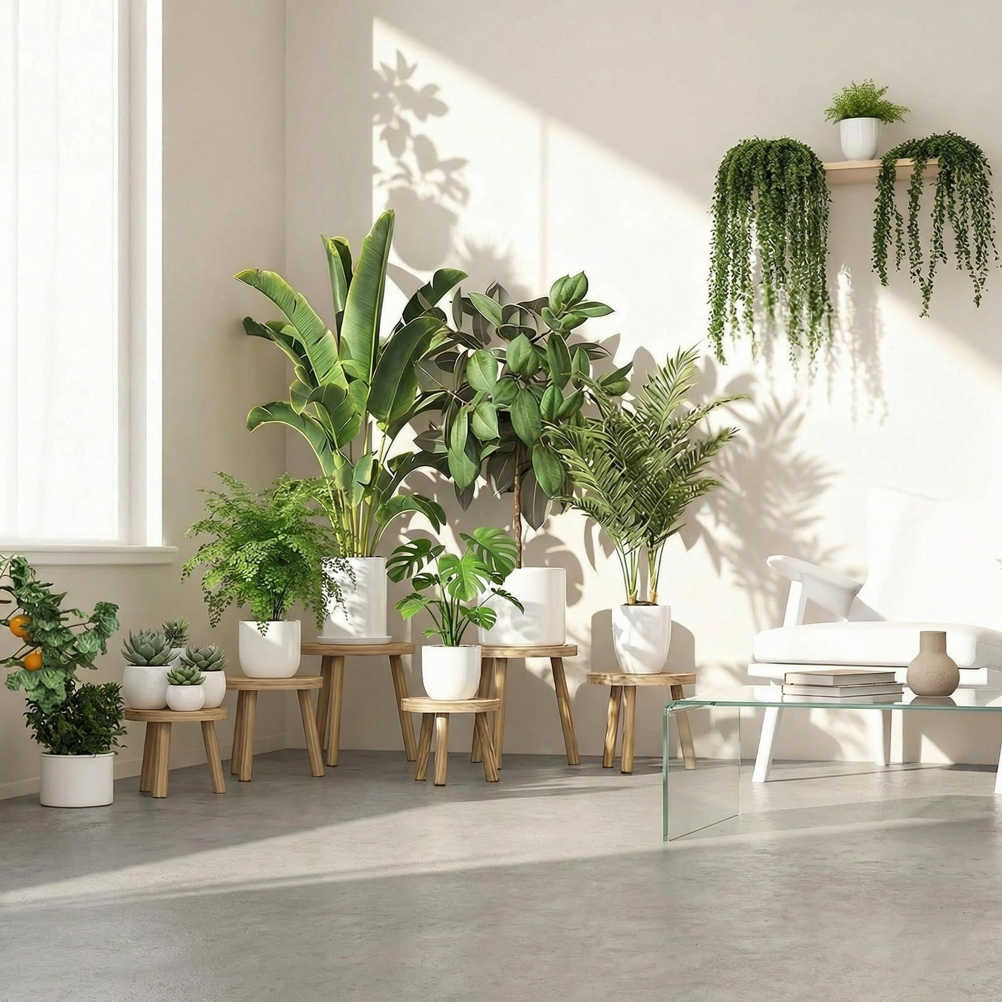 FUSHITON 3 Banquitos para Plantas Redondos de Interior, Juego en Marrón Claro, Mesa Jardinería & Soporte Esquina, Estante Alto para Dormitorio, Oficina