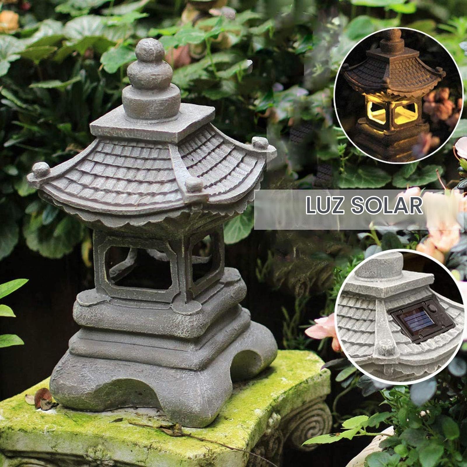 Estilo japonés al aire libre Tachi-Gata Solar Zen Jardín Luces Linterna Pagoda Luz Solar Piso Jardín Lámpara de resina impermeable Estatua Granja Balcón Lámpara de decoración creativa,17*34cm