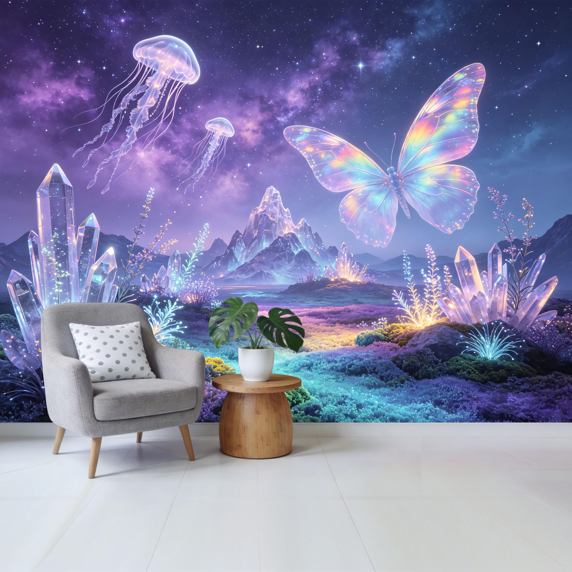 Qzlithotic Yq2605250185 Custom Size Wall Mural Iridescent Butterfly Galaxy Jellyfish Crystal Mountain Landscape 3D Selfadhesive Wall Fabric Removable Wallpaper For Home Office Decor