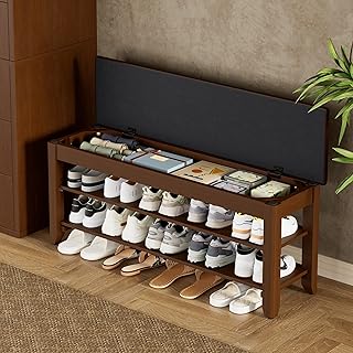 Shoe Rack Bench with Flip-Top Storage, Solid Wood Entryway Bench with Cu...
