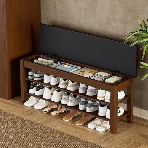 Homleke Shoe Rack Bench with Flip-Top Storage, Solid Wood Entryway Bench with Cushion, Adjustable Shelf, for Hallway, Mudroom, Closet – Walnut, 39.4"