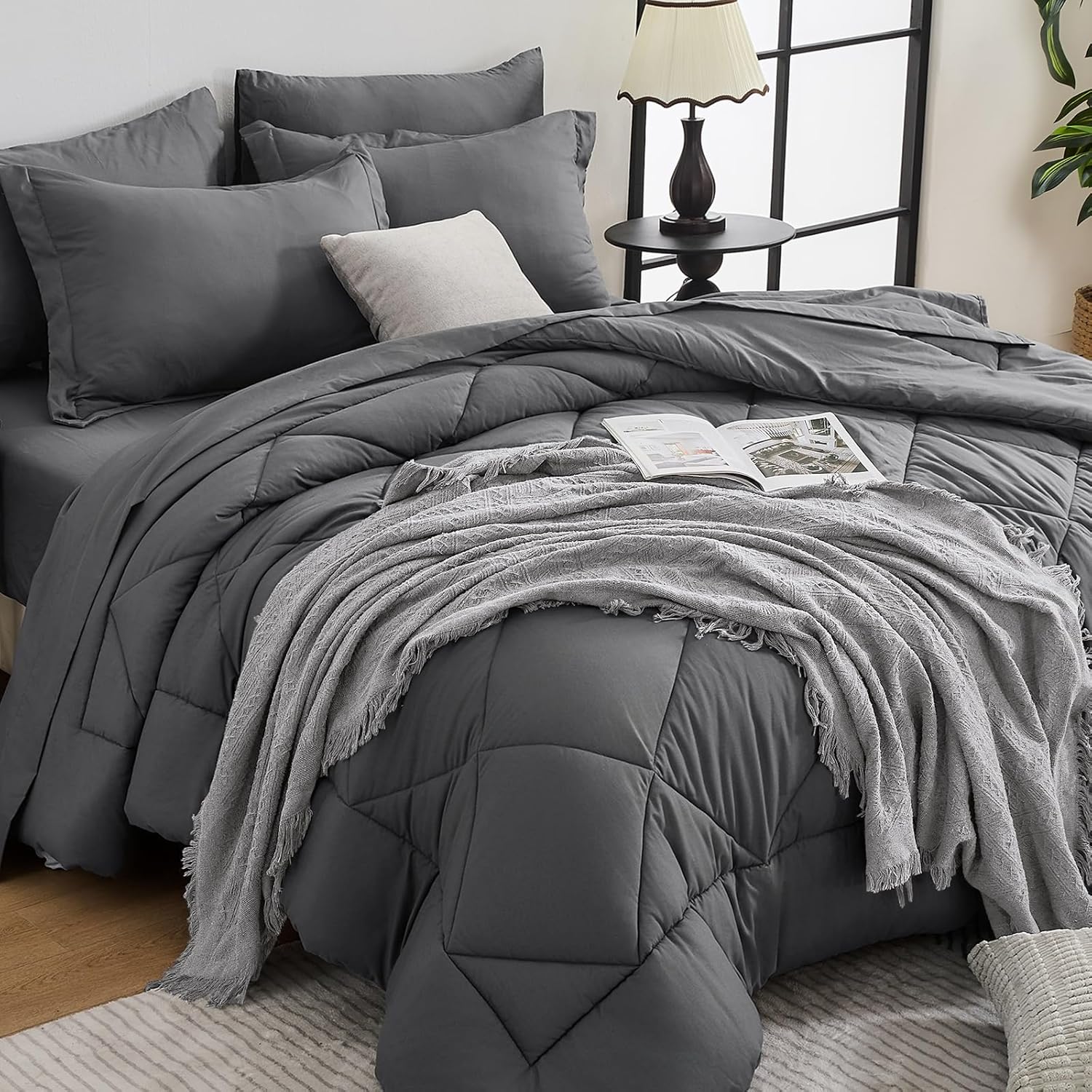 HEVUMYI Oversized Queen Comforter Set Dark Grey - 7-Piece All Season Bed in a Bag Oversized Queen, Soft Bedding Set with Comforter, Flat Sheet, Deep Pocket Fitted Sheet, Pillowcases, Pillow Shams
