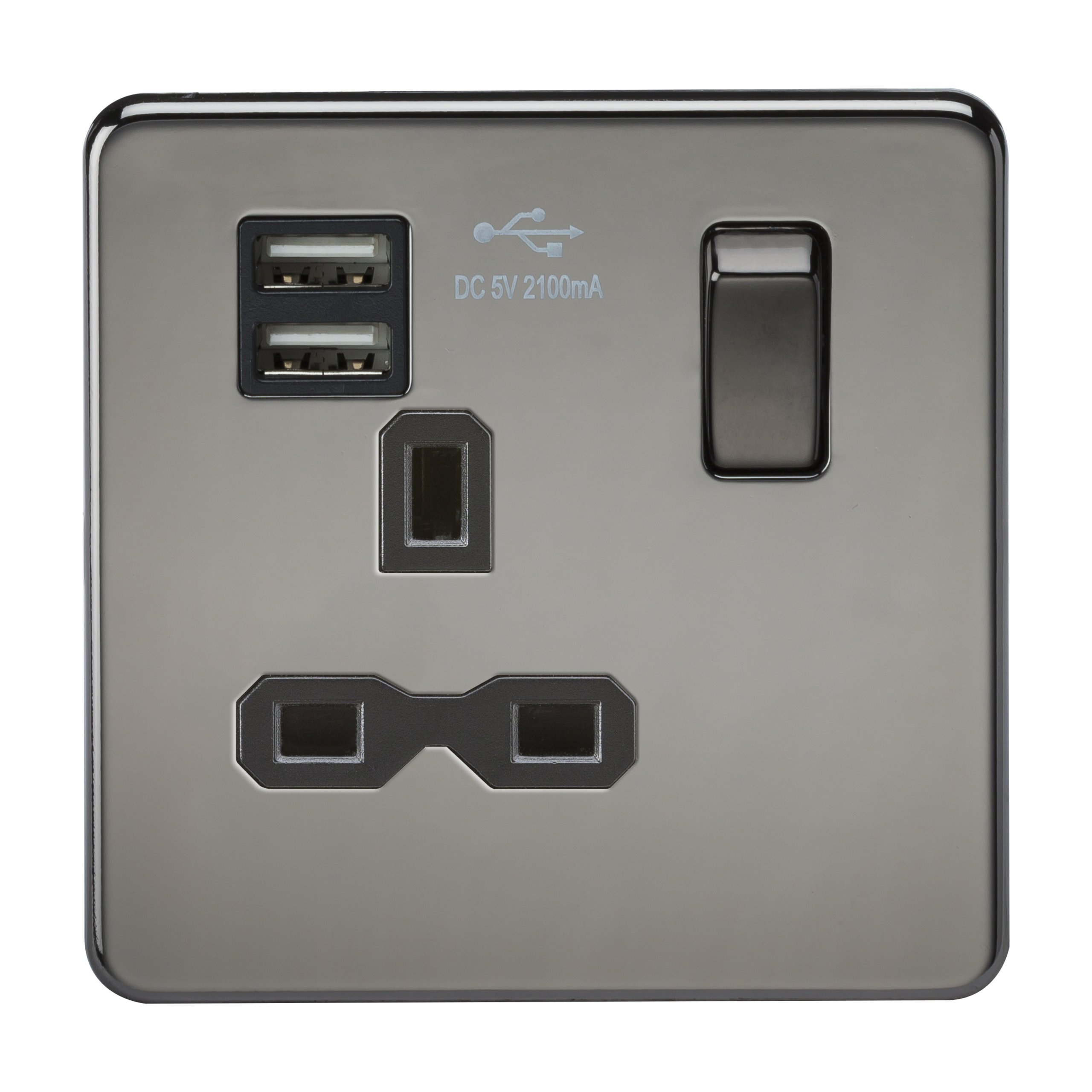 Knightsbridge Black Nickel Sfr9901bn Screwless 13A 1G Switched Socket With Dual Usb Charger Nickel With Black Insert
