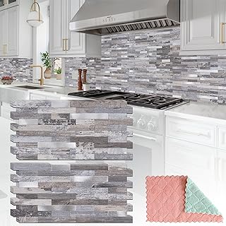 20 Sheets Peel and Stick Backsplash, Distressed Wood with Metal Silver S...