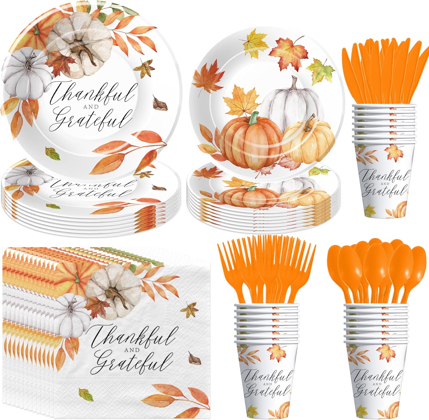 thanksgiving decorations party tableware - fall thanksgiving plates and napkins party supplies, paper plate, cup, napkin, cutlery, autumn leaves pumpkin thanksgiving table decorations, serve 24