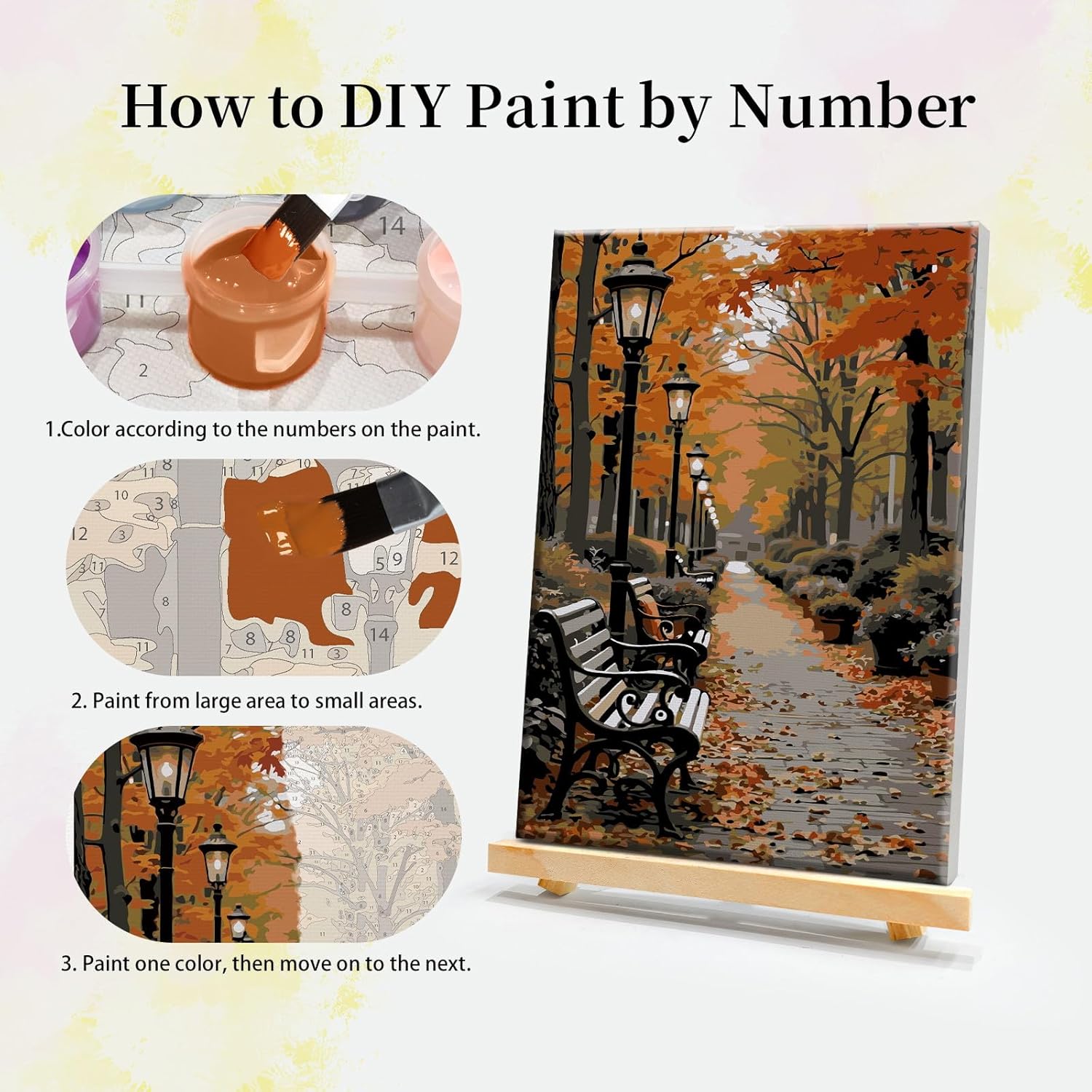 JOOZ 4 Pack Paint by Numbers Kit for Adults with Frame Autumn Landscape Paint by Number with Easel DIY Fall Forest Adult Paint by Number Kits Oil Painting by Numbers for Home Wall Decor 8x12 Inch