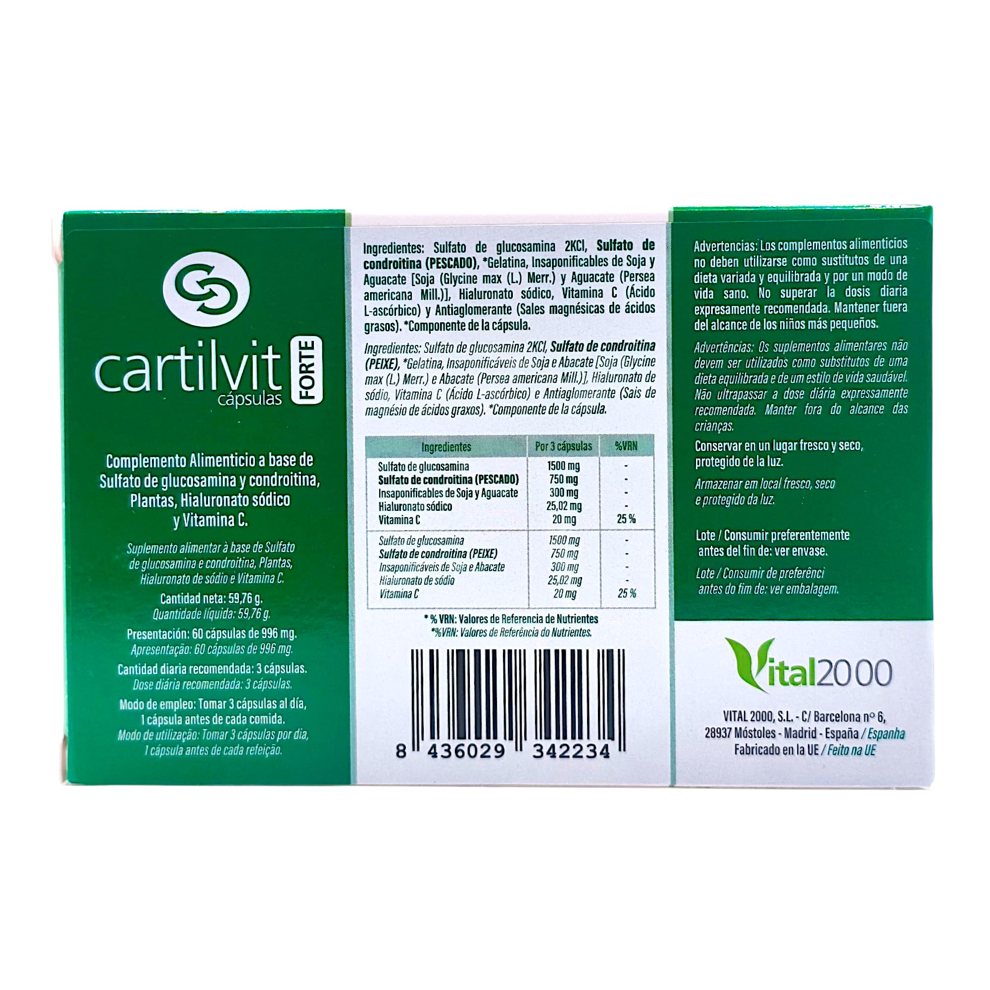 Vital 2000 Cartilvit Forte 60 Cápsulas - Suplemento Regenerador Articular con Glucosamina, Condroitina, Ácido Hialurónico y ASU (Soja y Aguacate) - Alivio del Desgaste y Artrosis