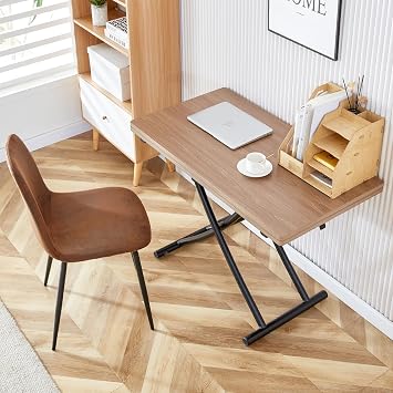 Space Saving Folding Dining Table, Adjustable Height Foldable Coffee Table with Wooden Tabletop and Metal Legs, Small Transformer Kitchen Table for Living Room, Dining Room, Apartment