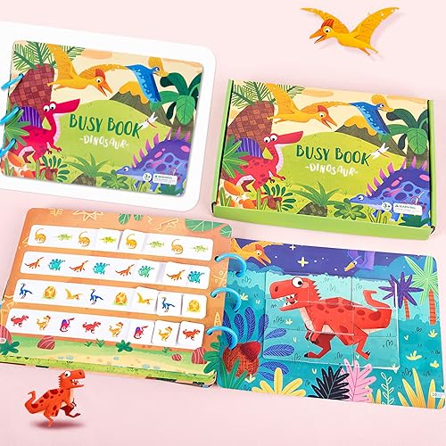 Miniatura 4 de MIKNEKE Libro silencioso para niños pequeños, libro Montessori ocupado para niños, actividades de aprendizaje preescolar de dinosaurios, juguetes de
