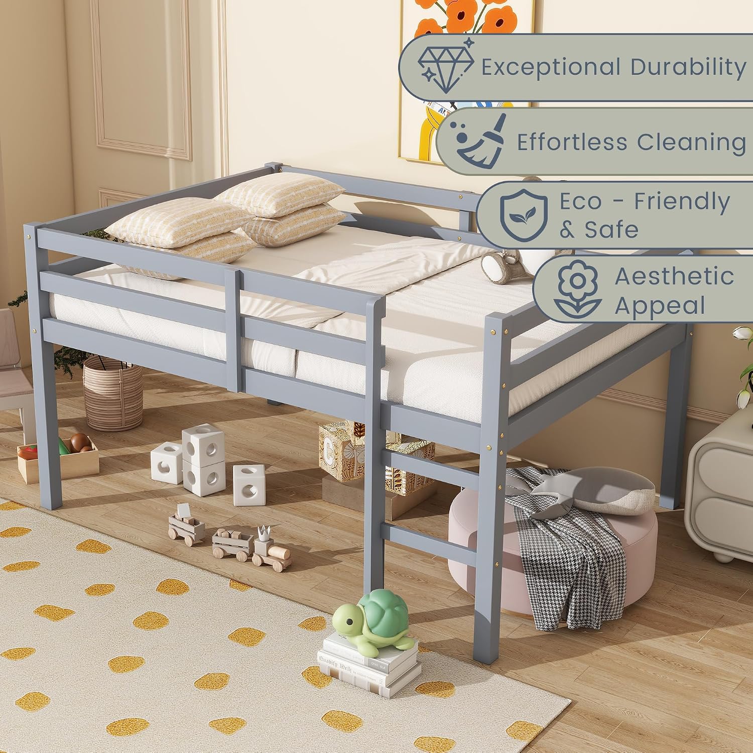 Junior Low Loft Bed Full Size, Rubber Wood Kids LoftBed with Ladder & Guard Rails, Low Loft Full Size Bed with Under-Bed Storage for Small Room/Low Ceiling Bedroom,Grey