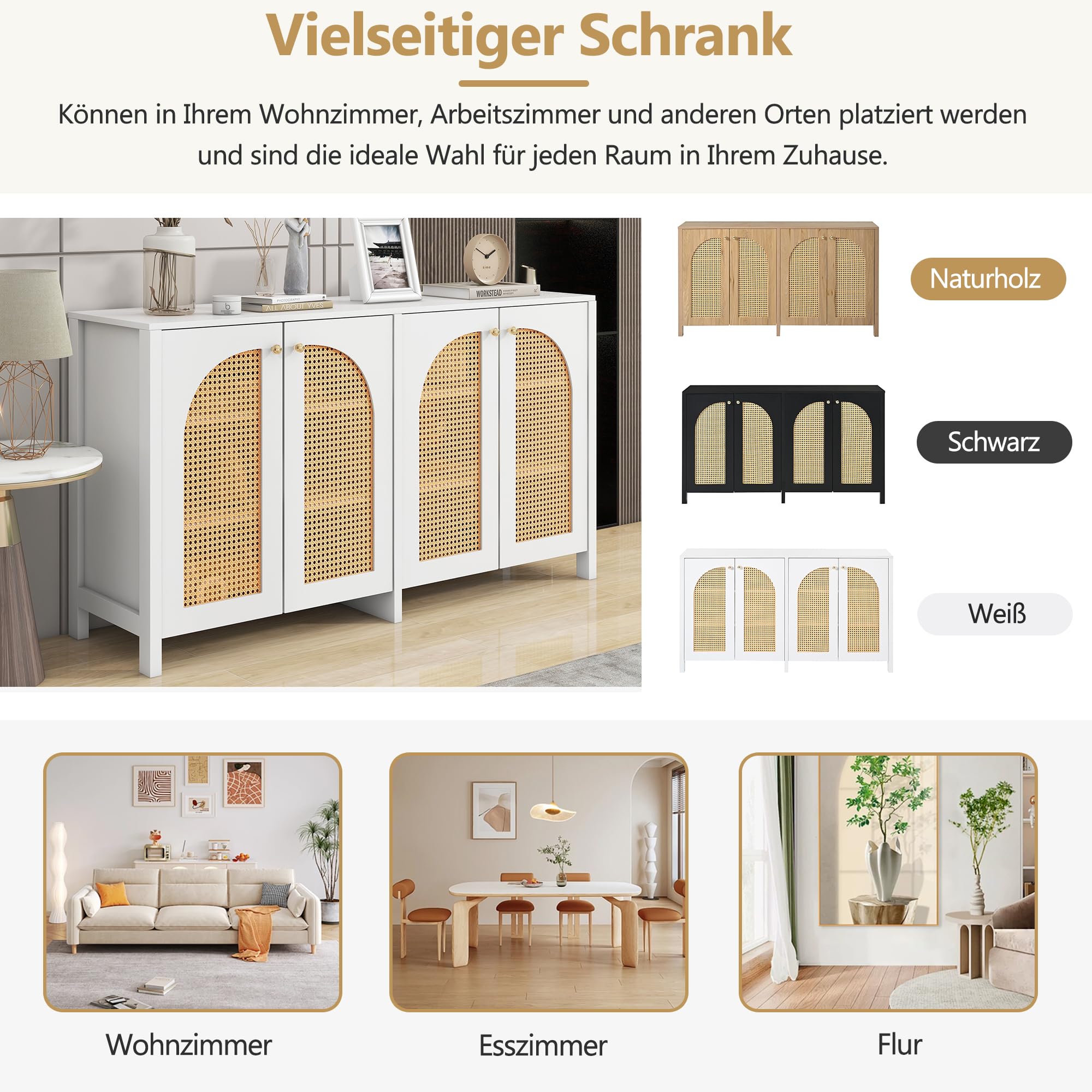 Azkoeesy Credenza con 4 ante in rattan, maniglie in metallo dorato, 145x40x80 cm, ripiani regolabili, minimalista, armadio da cucina/soggiorno, bianco