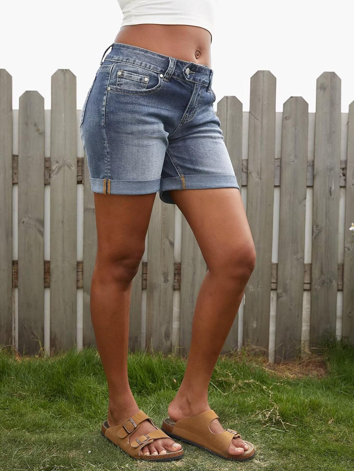 Flamingals Mid Rise Denim Shorts for Women Stretchy Distressed Bermuda Folded Hem Summer Trendy Casual Jean Shorts - Image 5