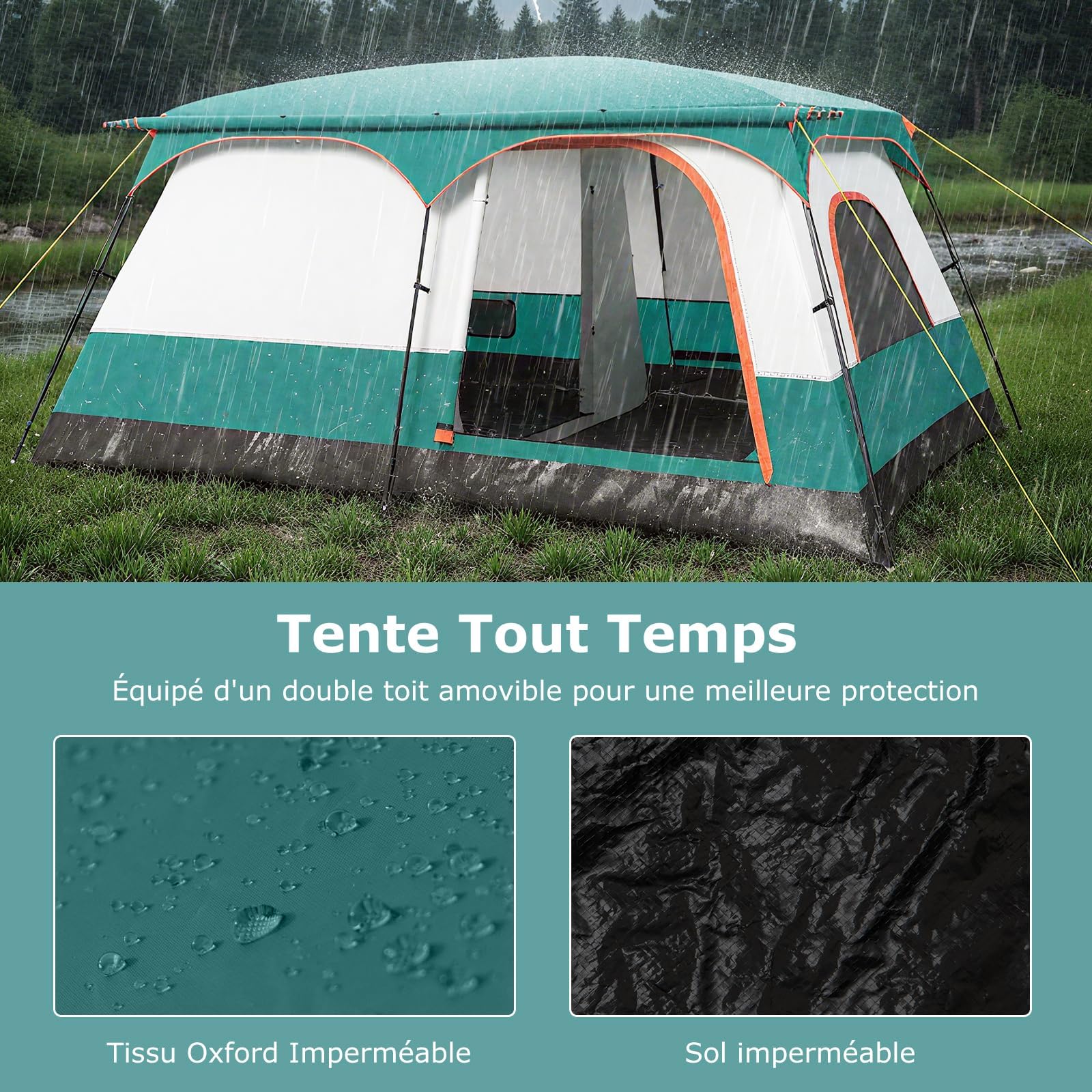 GYMAX Tente Camping Grande avec Auvent, 2 Chambres Séparées, Toit de Lucarne, Bâche Anti-Pluie Amovible, Portes et Fenêtres Enroulable, pour Extérieur Pique-Nique